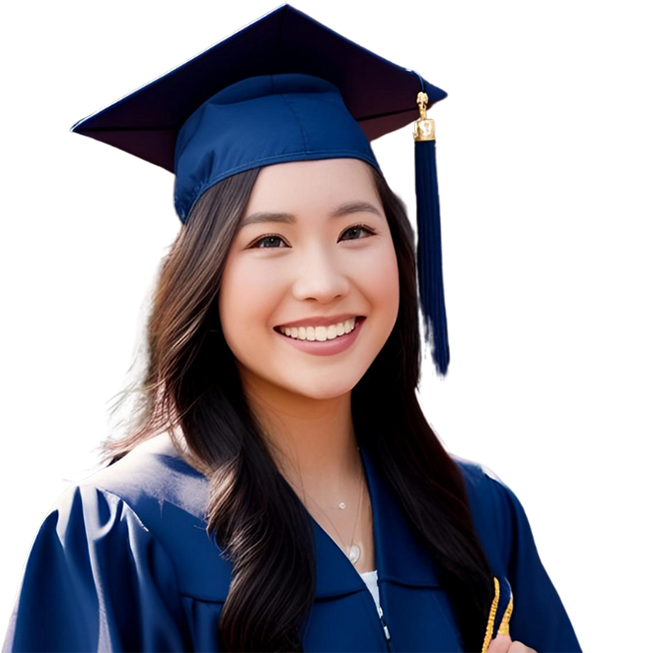 women in a blue graduation cap and gown.